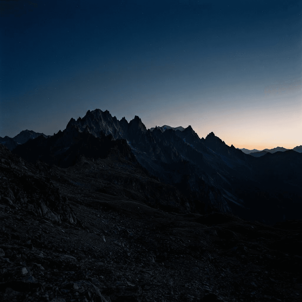Cresta de montaña recortada contra el cielo en la hora azul, antes del amanecer